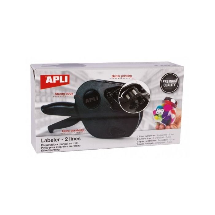 Apli Maquina Etiquetadora de Precios Premium - 2 Lineas - 9 Caracteres - Facil Uso - Instalacion Rapida - Correa de Muñeca - Incluye Cartuchos y Rollo de Etiquetas