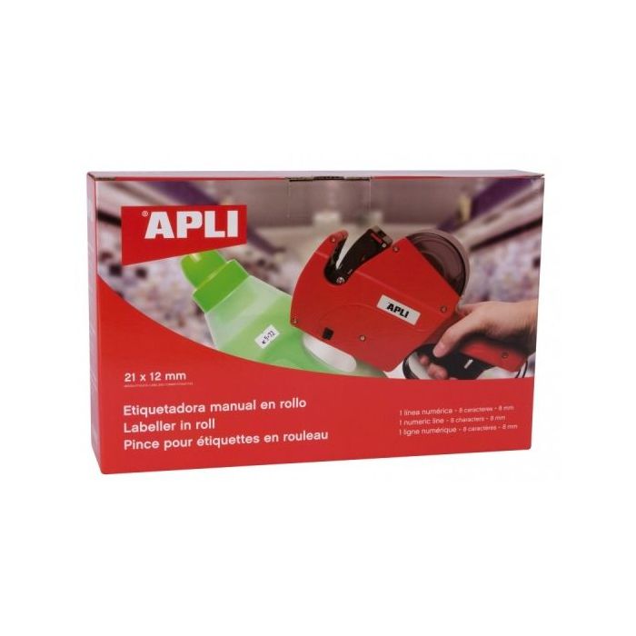 Apli Maquina Etiquetadora de Precios 1 Linea 8 Caracteres - Facil Uso - Cambio Rapido de Digitos - Instalacion Sencilla de Rollo y Cartucho - Correa de Muñeca