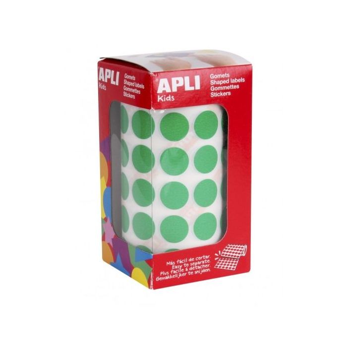 Apli Rollo de Gomets Redondos Ø 15mm - Adhesivo Permanente - 2.832 Gomets - Adhesivo Base Agua - Libre de Disolventes - Color Verde