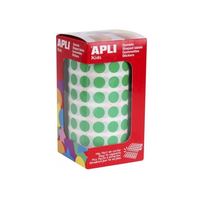 Apli Rollo de Gomets Redondos - Adhesivo Permanente - 5.192 Gomets - Desarrolla Habilidades - Alta Calidad y Seguridad - Color Verde