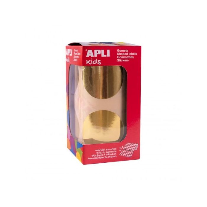 Apli Rollo de Gomets Redondos Ø45mm Metalizado - Adhesivo Permanente - 354 Gomets por Rollo - Fomenta la Creatividad y Psicomotricidad - Color Oro