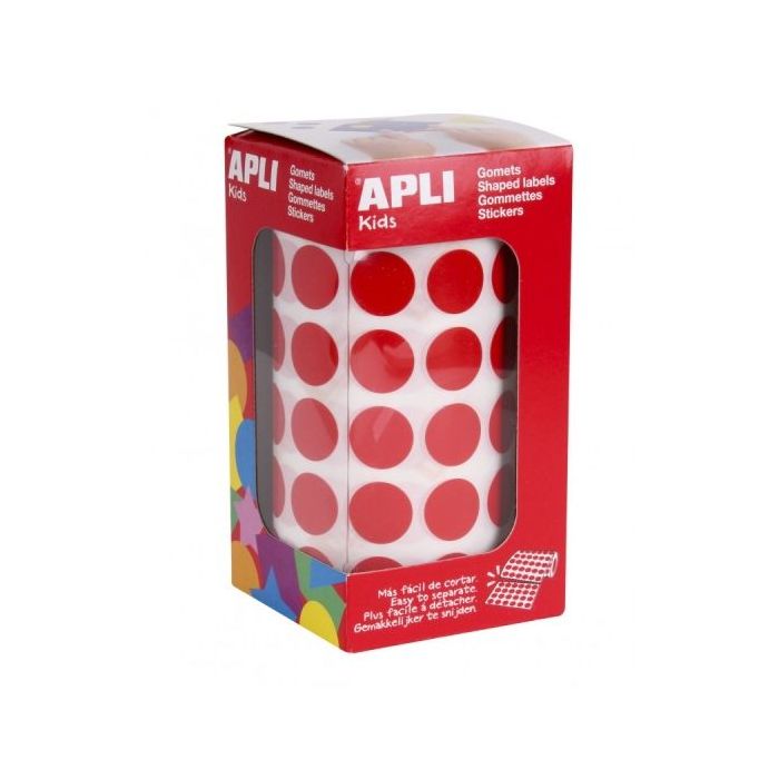 Apli Rollo de Gomets Redondos Ø 15mm - Adhesivo Permanente - 2.832 Gomets - Adhesivo Base Agua - Libre de Disolventes - Color Rojo