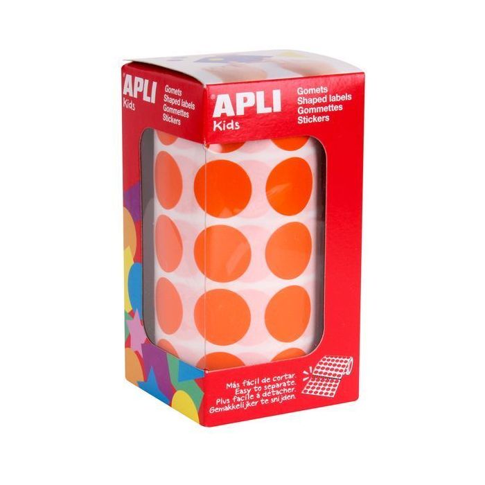Apli Rollo de Gomets Redondos Ø 20mm - Adhesivo Permanente - 1.770 Gomets - Adhesivo Base Agua - Libre de Disolventes - Color Naranja