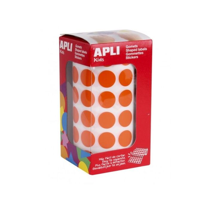 Apli Rollo de Gomets Redondos Ø 15mm - Adhesivo Permanente - 2.832 Gomets - Adhesivo Base Agua - Libre de Disolventes - Color Naranja