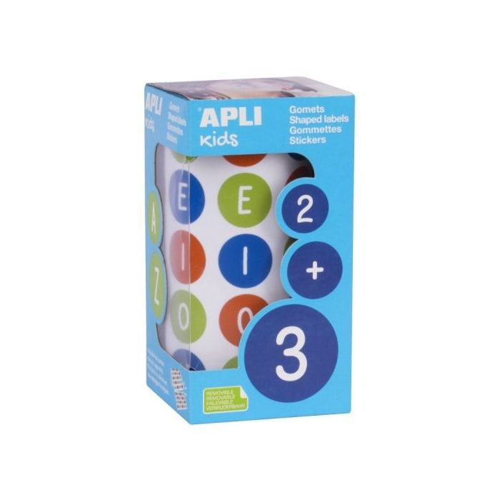 Apli Rollo de Gomets Redondos con Vocales - Adhesivo Removible - 900 Gomets - Adhesivo Base Agua - Libre de Disolventes - Color Azul Naranja Verde