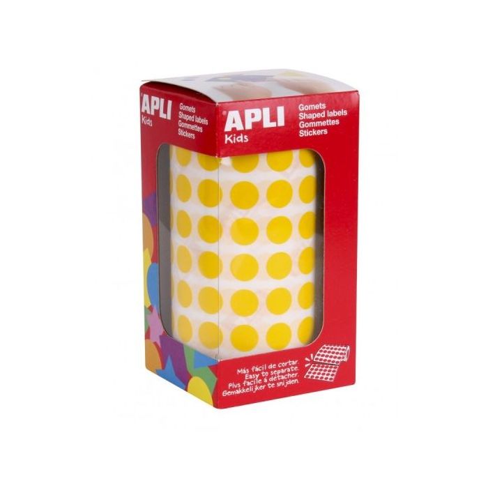 Apli Rollo de Gomets Redondos Adhesivo Permanente - 5.192 Gomets - Faciles de Separar - Adhesivo Base Agua - Materiales Reciclables - Color Amarillo