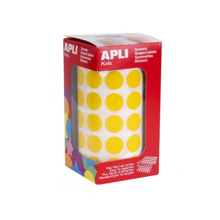 Apli Rollo de Gomets Redondos Adhesivo Permanente - 2.832 Gomets - Fomenta la Psicomotricidad - Adhesivo Base Agua - Color Amarillo
