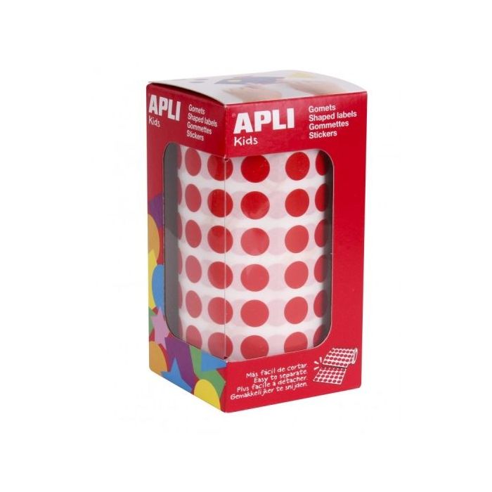 Apli Rollo de Gomets Redondos Adhesivo Permanente - 5.192 Gomets - Adhesivo Base Agua - Color Rojo