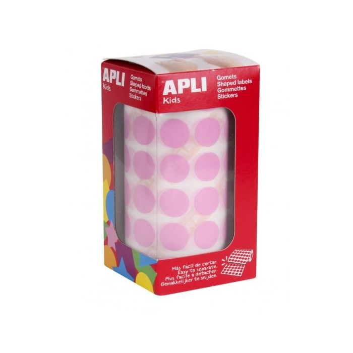 Apli Rollo de Gomets Redondos Adhesivo Permanente - 2.832 Gomets - Adhesivo Base Agua - Libre de Disolventes - Color Rosa