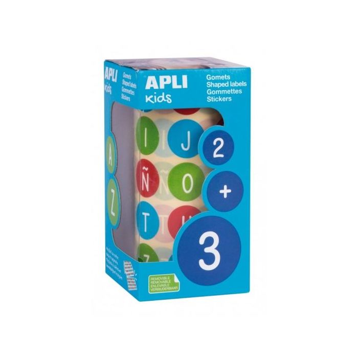 Apli Rollo de Gomets Redondos ABC - Adhesivo Removible - 900 Gomets - Fomenta Aprendizaje - Adhesivo Base Agua - Libre de Disolventes