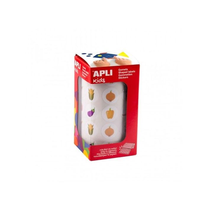 Apli Rollo de Gomets Hortalizas - Adhesivo Permanente - 900 Gomets - Formas Surtidas - Ideal para Guarderias - Desarrolla Psicomotricidad Fina y Creatividad