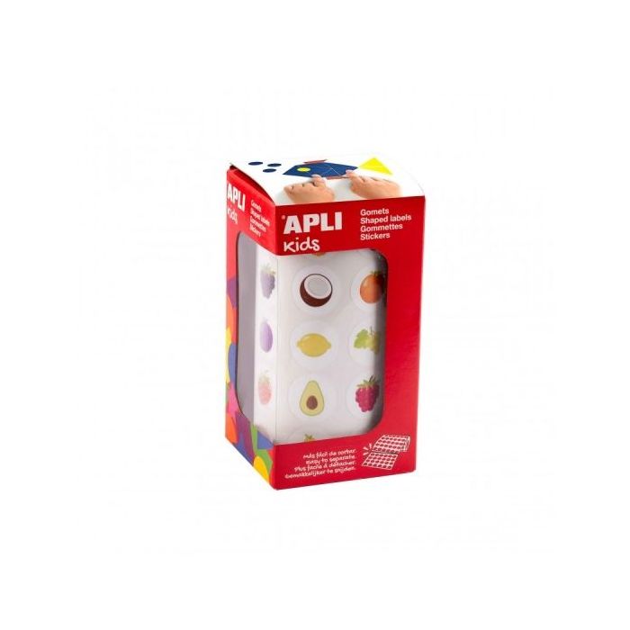Apli Rollo de Gomets Frutas - Adhesivo Permanente - 900 Gomets - Formas Surtidas - Ideal para Guarderias - Desarrolla Psicomotricidad Fina y Creatividad