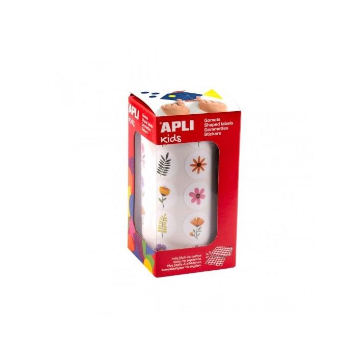 Apli Rollo de Gomets Flores - Adhesivo Permanente - 900 Gomets - Fomenta Psicomotricidad y Creatividad - Ideal para Guarderias
