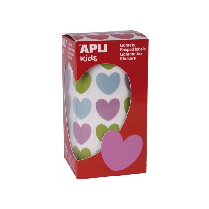 Apli Rollo de Gomets en Forma de Corazon - Adhesivo Permanente - 900 Gomets - Color Azul Claro