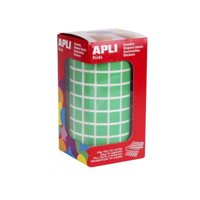 Apli Rollo de Gomets Cuadrados - Adhesivo Permanente - 6.372 Gomets - Desarrolla Habilidades y Creatividad - Adhesivo Base Agua - Color Verde