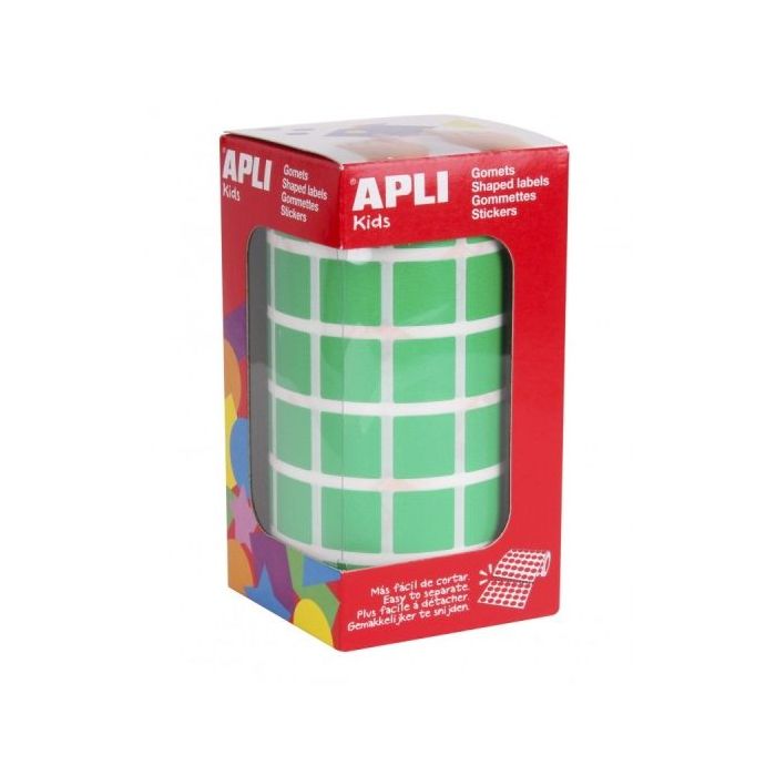 Apli Rollo de Gomets Cuadrados - Adhesivo Permanente - 2.832 Gomets - Adhesivo Base Agua - Libre de Disolventes - Color Verde