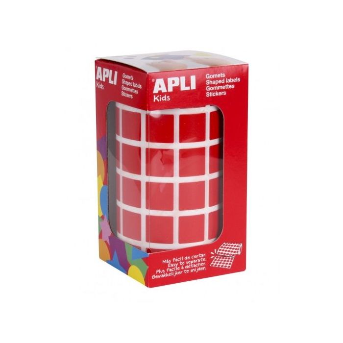 Apli Rollo de Gomets Cuadrados - Adhesivo Permanente - 2.832 Gomets - Adhesivo Base Agua - Libre de Disolventes - Color Rojo