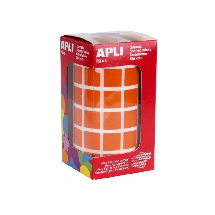 Apli Rollo de Gomets Cuadrados - Adhesivo Permanente - 2.832 Gomets - Adhesivo Base Agua - Libre de Disolventes - Color Naranja