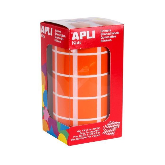 Apli Rollo de Gomets Cuadrados - Adhesivo Permanente - 1.770 Gomets - Faciles de Separar - Adhesivo Base Agua - Libre de Disolventes - Color Naranja
