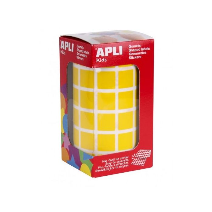 Apli Rollo de Gomets Cuadrados - Adhesivo Permanente - 2.832 Gomets - Faciles de Separar - Adhesivo Base Agua - Libre de Disolventes - Color Amarillo