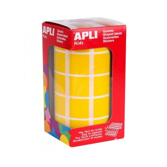 Apli Rollo de Gomets Cuadrados - Adhesivo Permanente - 1.770 Gomets - Desarrolla Habilidades - Adhesivo Base Agua - Color Amarillo