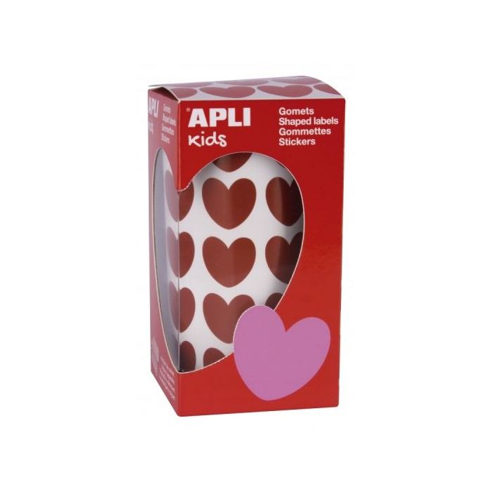 Apli Rollo de Gomets Corazon - Adhesivo Permanente - 900 Gomets - Fomenta Creatividad y Psicomotricidad - Adhesivo Base Agua - Libre de Disolventes - Color Rojo