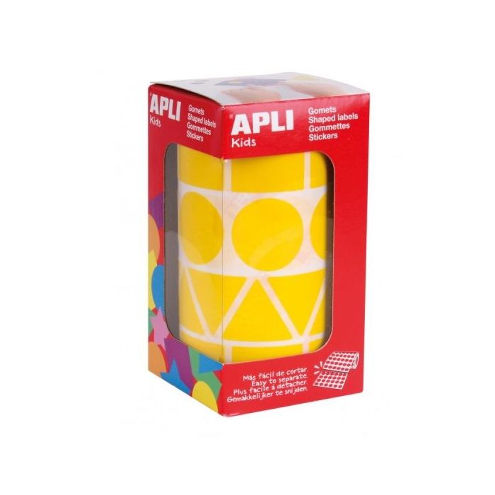 Apli Rollo de Gomets con Formas Surtidas - Adhesivo Permanente - 1.357 Gomets - Fomenta Psicomotricidad y Creatividad - Adhesivo Base Agua - Color Amarillo
