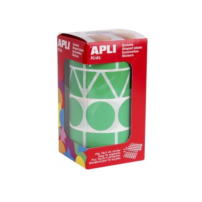 Apli Rollo de Gomets con Formas Surtidas - Adhesivo Permanente - 1.357 Gomets - Ideal para Guarderias - Fomenta Psicomotricidad y Creatividad - Adhesivo Base Agua - Color Verde