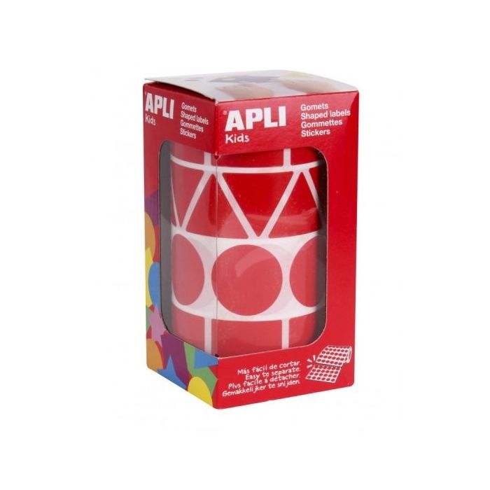 Apli Rollo de Gomets con Formas Surtidas - Adhesivo Permanente - 1.357 Gomets - Ideal para Guarderias - Fomenta Psicomotricidad y Creatividad - Adhesivo Base Agua - Color Rojo