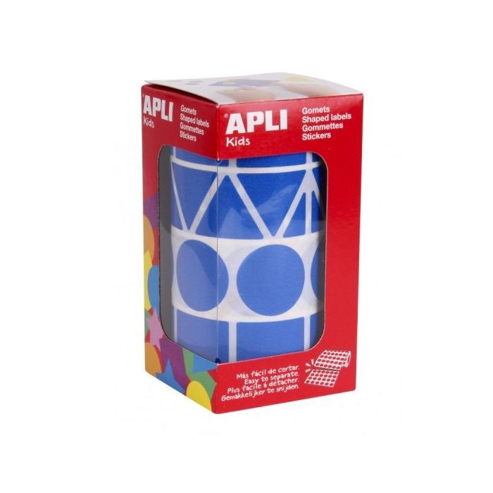 Apli Rollo de Gomets con Formas Surtidas - Adhesivo Permanente - 1.357 Gomets - Ideal para Guarderias - Desarrolla Psicomotricidad Fina - Adhesivo Base Agua - Color Azul