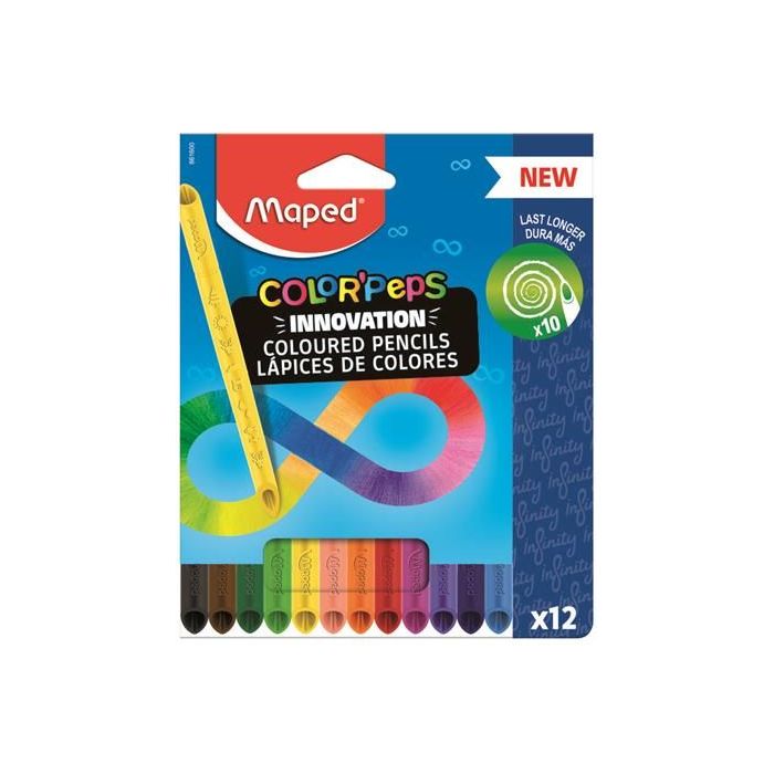 Maped Color`Peps Infinity Pack de 12 Lapices de Colores de Larga Duracion - Hecho Totalmente de Mina - Colores Surtidos