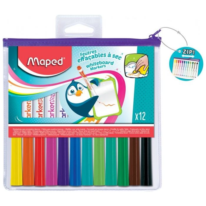Maped Marker'Peps Pack de 12 Rotuladores para Pizarra Blanca - Punta de Bala 1.5mm - Borrado en Seco - Practica Bolsa con Cremallera - Colores Surtidos