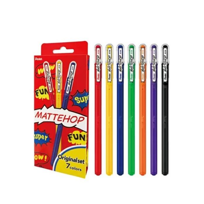 Pentel Mattehop Original Pack de 7 Boligrafos de Bola - Punta 1mm - Trazo 0.5mm - Tinta de Gel Opaca - Fabricado con 55% de Materiales Reciclados - Colores Surtidos