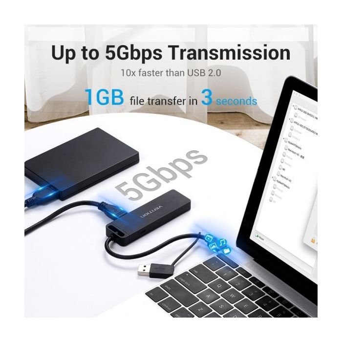 Vention HUB 6 en 1 USB 3.0 a USB3.0x3/TF/SD/Micro-B - 0.15m - Color Negro