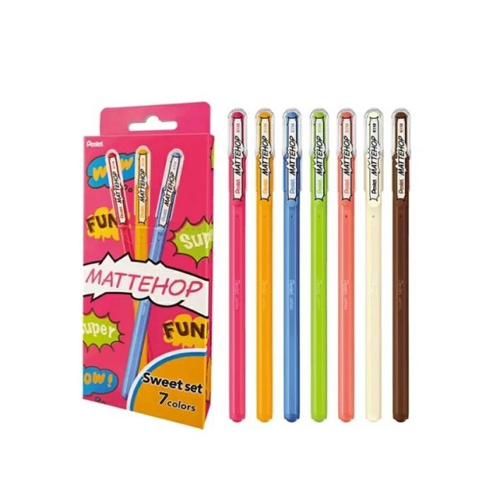 Pentel Mattehop Sweet Pack de 7 Boligrafos de Bola - Punta 1mm - Trazo 0.5mm - Tinta de Gel Opaca - Fabricado con 55% de Materiales Reciclados - Colores Surtidos