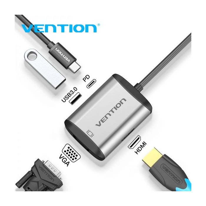 Vention Docking Station 4 en 1 USB-C a HDMI/VGA/USB3.0/PD87W - 0.15m - Color Gris