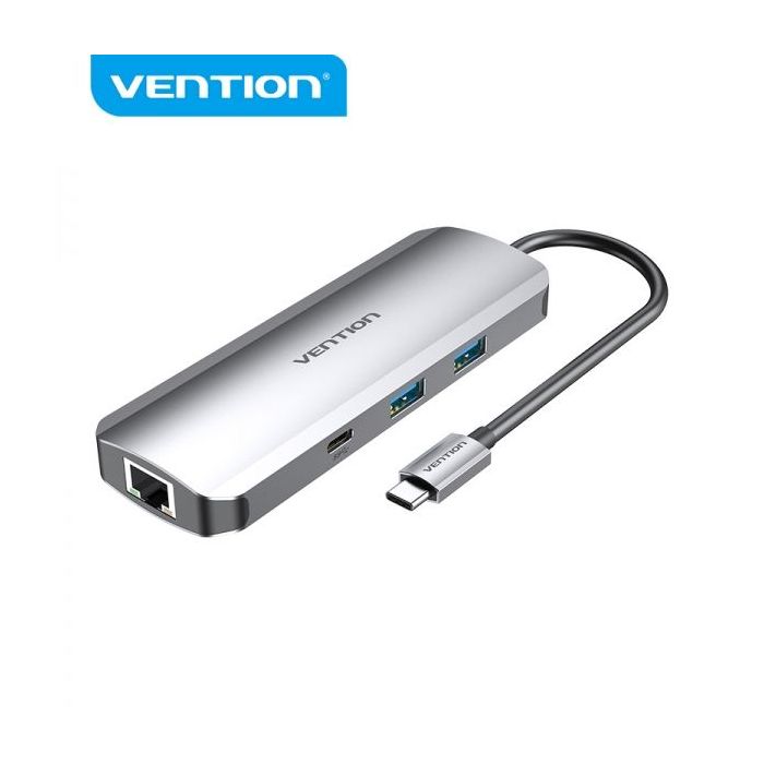 Vention Docking Station 9 en 1 USB-C a HDMI 4K/2xUSB3.0/USB-C Gen1/RJ45/Lector TF/SD/Jack Audio/PD100W - 0.15m - Color Gris