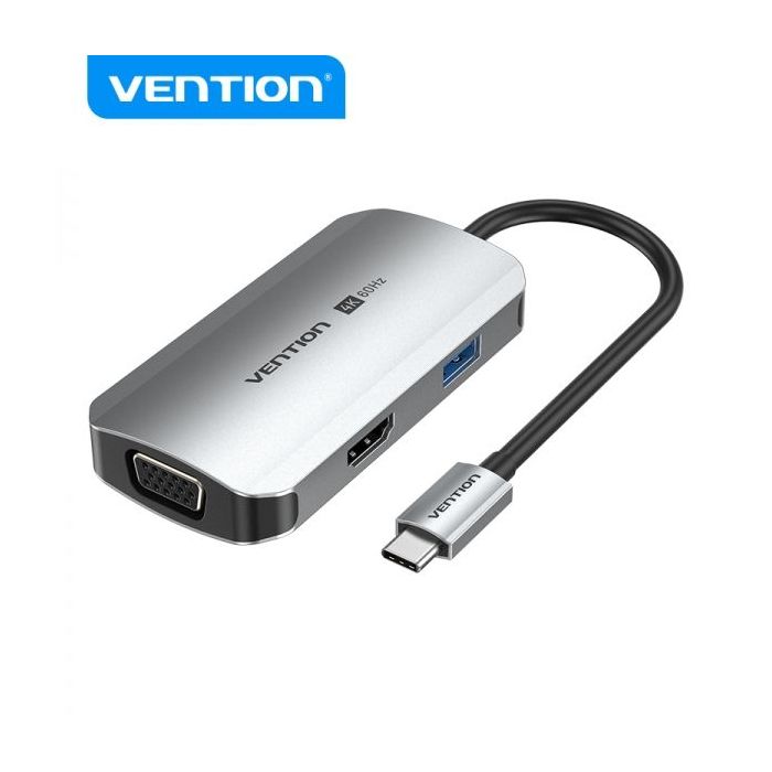 Vention Docking Station 4 en 1 USB-C a HDMI 4K/VGA/USB 3.0/PD - 0.15m - Aluminio Gris