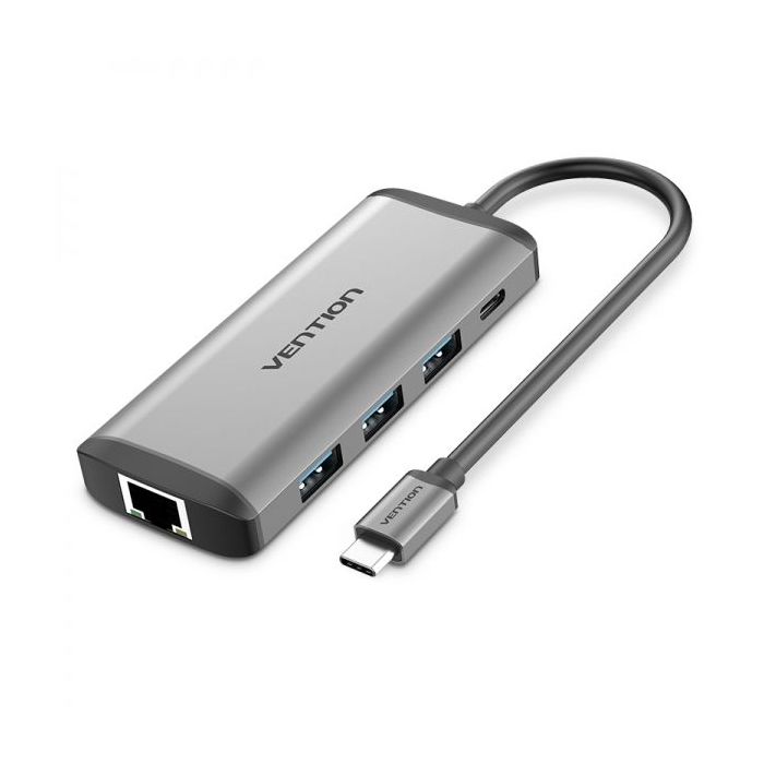 Vention Docking Station 7 en 1 USB-C a HDMI 4K/3xUSB3.0/RJ45/Lector SD/TF/PD87W - 0.15m - Color Gris