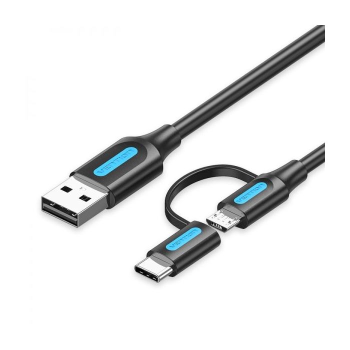 Vention Cable USB 2.0 Macho a MicroUSB+USB-C Macho - 0.5m - 3A 60W 480Mbps - Color Negro