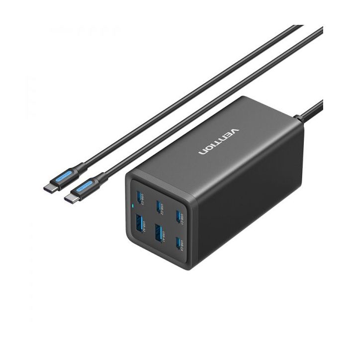 Vention Cargador GaN Portable 6 Puertos (200W/140W/45W/20W/18W/18W) - Kit Cable Negro EU