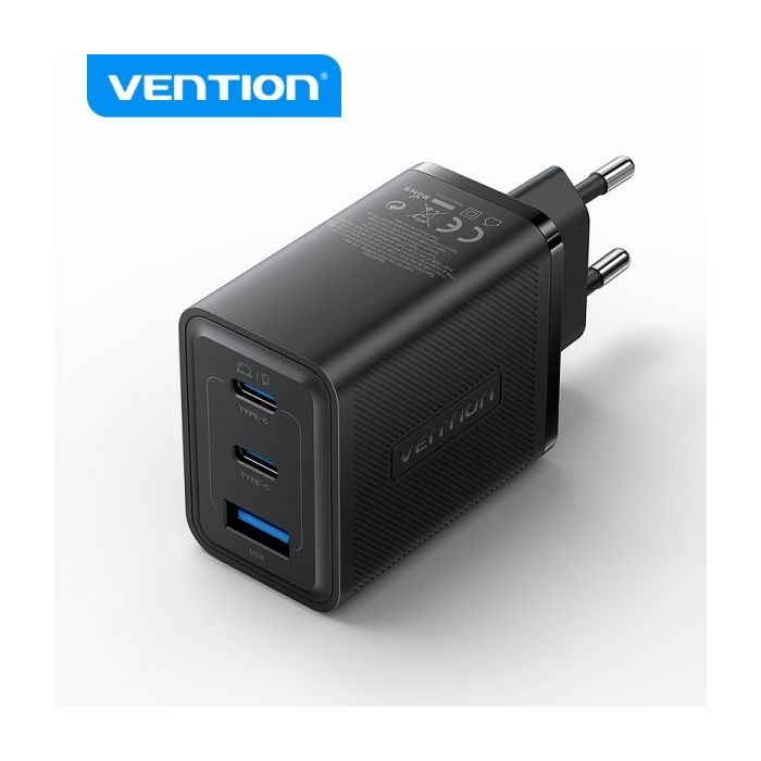 Vention Cargador de Pared GaN 3 Puertos USB (C + C + A) (65W/65W/30W) - EU - Color Negro