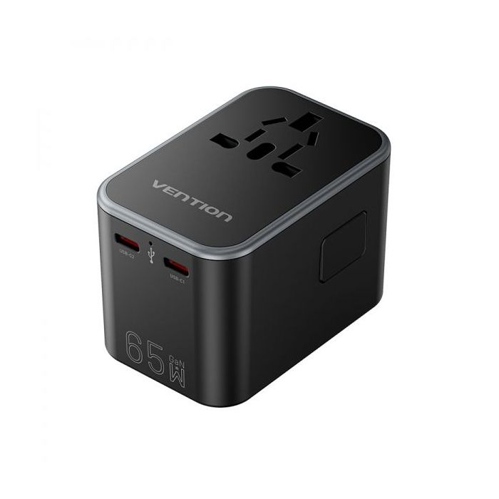Vention Adaptador de Viaje Universal GaN 65W - 3 Puertos USB (C+C+A 65W/65W/30W) - Color Negro