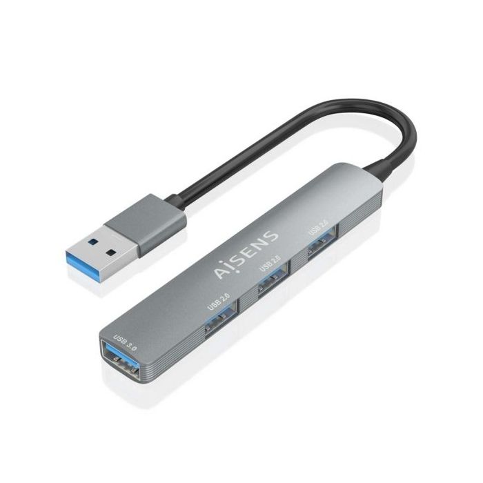 Aisens Hub USB Ultra Delgado de Aluminio - 1xUSB3.0 + 3xUSB2.0 - Alta Velocidad 5 Gbps - Alimentacion por Bus USB - Color Gris