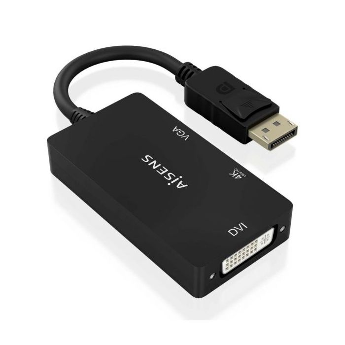 Aisens Conversor MST/SST Displayport a DVI/HDMI/VGA 3 en 1 - Conector DP Macho - Salidas HDMI 4K@60Hz, DVI y VGA - Soporta Modo SST y MST - Color Negro