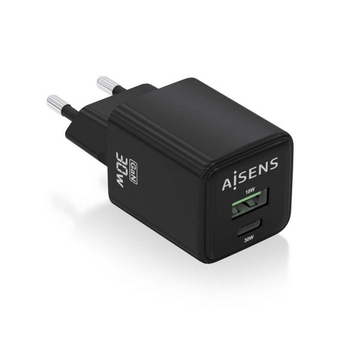 Aisens Cargador Gan USB-C 30W - Alta Eficiencia Energetica - Tecnologia AI para Carga Rapida - Multiples Protecciones de Seguridad - Compatible con USB-C y USB-A - Carga Simultanea de 2 Dispostivos