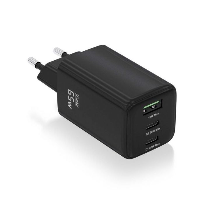 Aisens Cargador Gan USB-C 65W - Alta Eficiencia Energetica - Tecnologia AI para Carga Rapida - Multiples Protecciones de Seguridad - Compatible con USB-C y USB-A - Carga Simultanea de 3 Disositivos