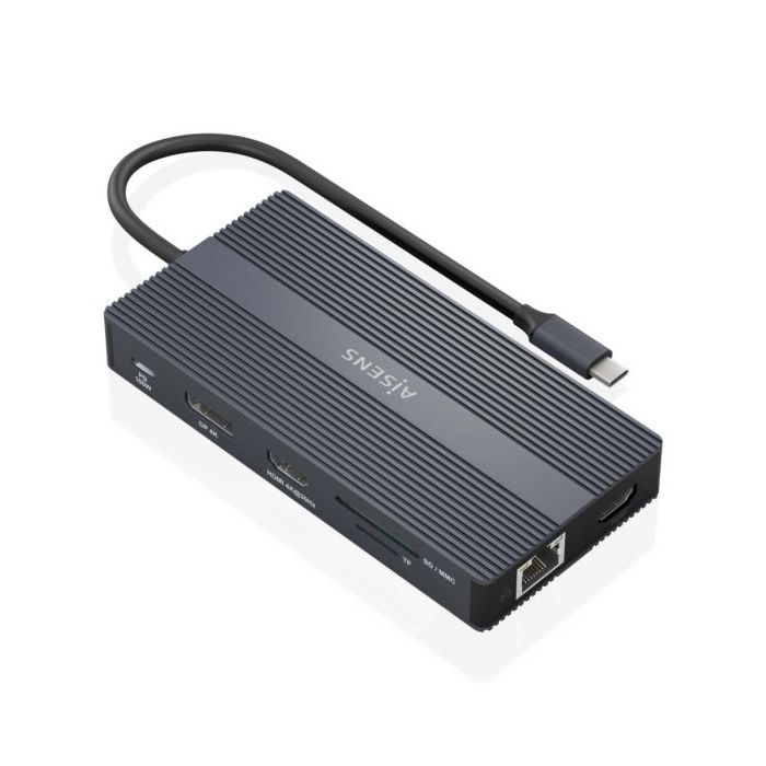 Aisens Conversor USB-C 12 en 1 - Carcasa de Aluminio - Ligero y Portatil - Conexion a 3 Pantallas - Power Delivery 100W - Ethernet RJ45 - Puertos USB-A y USB-C - Lectores de Tarjetas SD y Micro SD