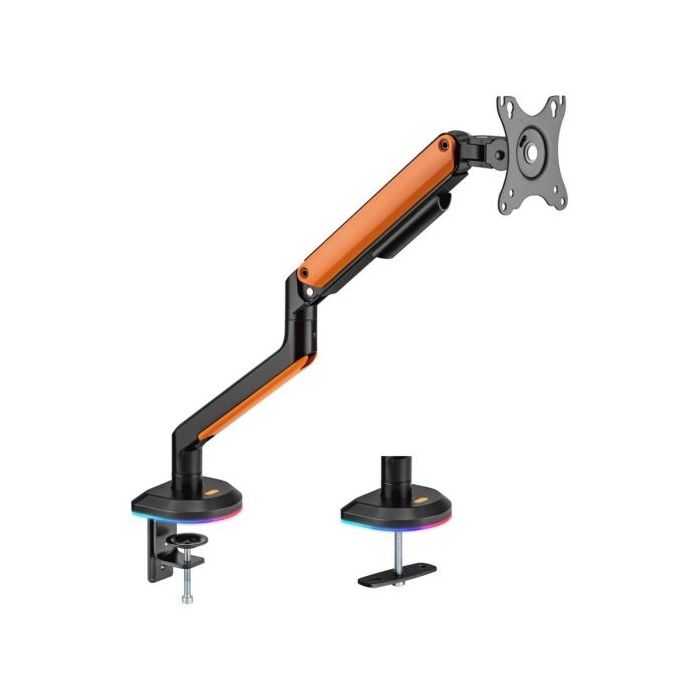 Aisens Soporte de Mesa RGB Gaming para Monitor/TV - Giratorio e Inclinable - Iluminacion RGB - Acero y Aluminio - Compatible Vesa - Carga Maxima 9Kg - Brazo Articulado - Sistema de Pasacables - Color Negro/Naranja