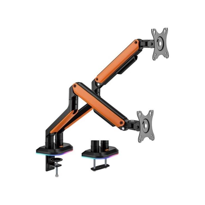Aisens Soporte de Mesa Profesional Gaming RGB - Giratorio e Inclinable - Acero de Alta Resistencia - Iluminacion Ambiental - Compatible Vesa - Carga Maxima 9Kg - Sistema de Pasacables - Color Negro/Naranja